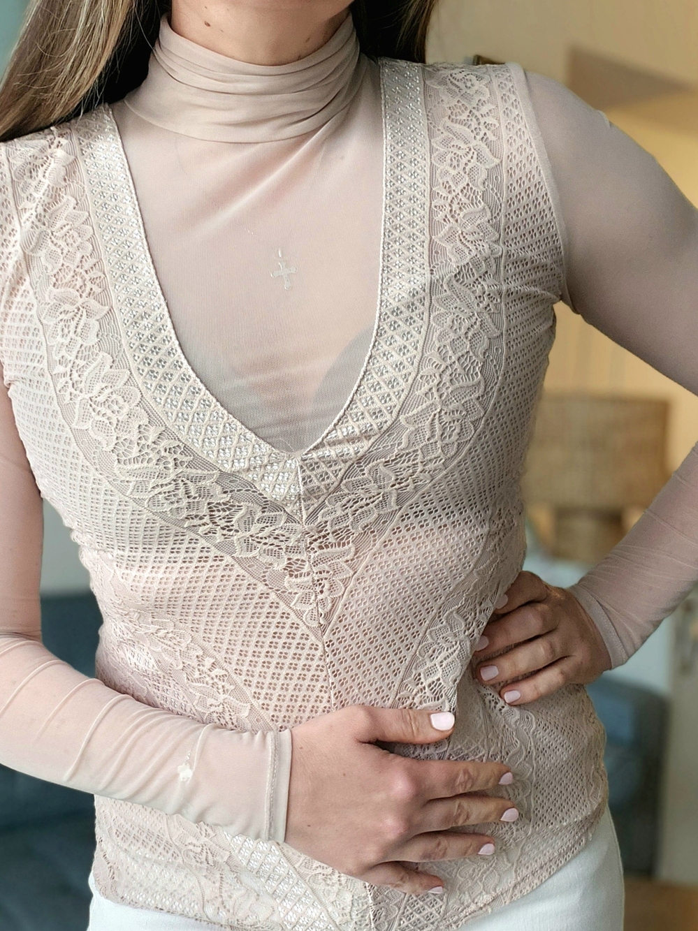 Guess Long Sleeve Lace Overlay Top in Light Pink